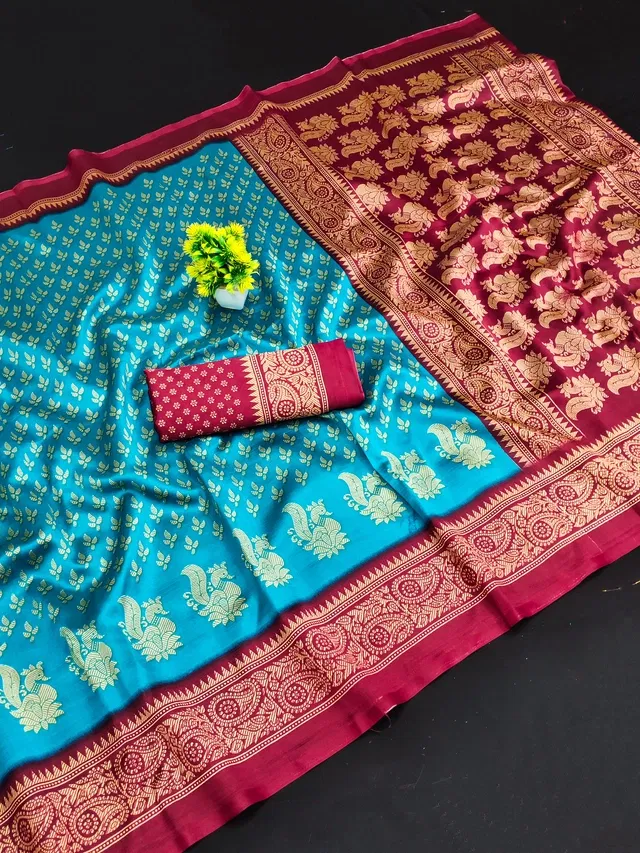 Mysore Silk Printed Saree for Women (Blue, 6.3 m)