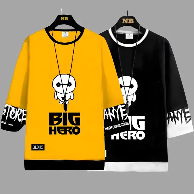 Cotton Blend Round Neck Printed T-Shirt for Boys (Black & Mustard, 8-9 Years) (Pack of 2)