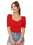 Women's Korean sweetheart neck with puff sleeve top (Red) - M (Pack of 1)