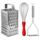 Oc9 स्टेनलेस स्टील 4 in 1 स्लाइसर एंड ग्रेटर & एग व्हिस्क & पोटैटो मेशर फॉर किचन टूल सेट 