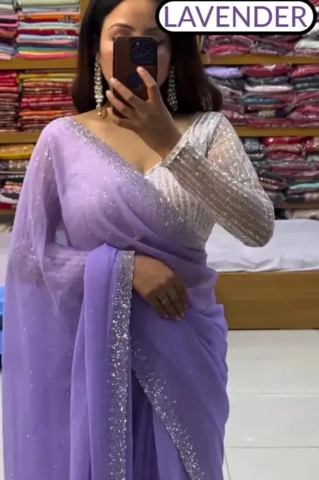 Georgette Embellished Saree for Women (Lavendar, 6.3 m)