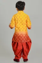 Dupion Silk Printed Kurta with Dhoti for Boys, Yellow & Red 