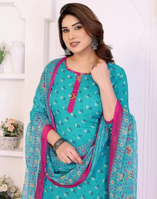 Crepe Floral Punjabi Suits for Women (Blue, Blue)