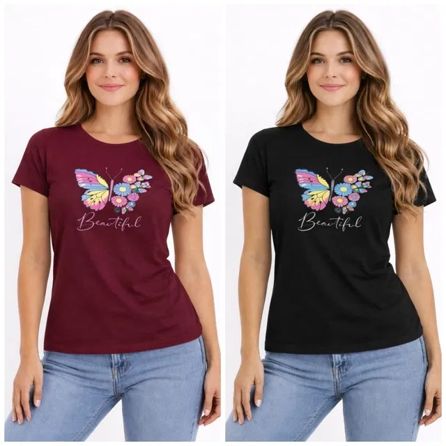 Cotton Blend T-shirt for Women, Black & Maroon, Pack of 2 (XL)