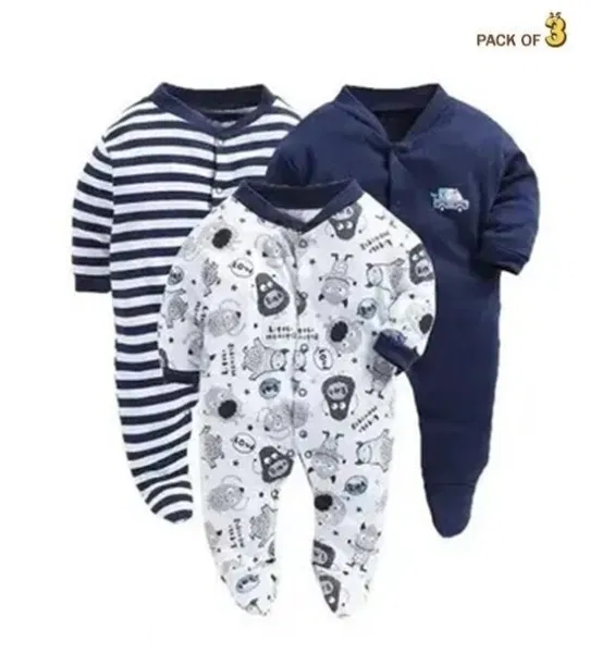 Hosiery Cotton Printed Rompers for Kids, Pack of 3, Multicolor (9-12 Months)
