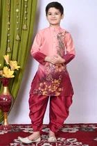 Dupion Silk Printed Kurta with Dhoti for Boys, Peach & Red 