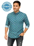 Cotton Blend Printed Kurta for Men (Teal, M)