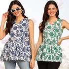 Rayon Printed Flared Top for Women (Blue & Green, S) (Pack of 2)