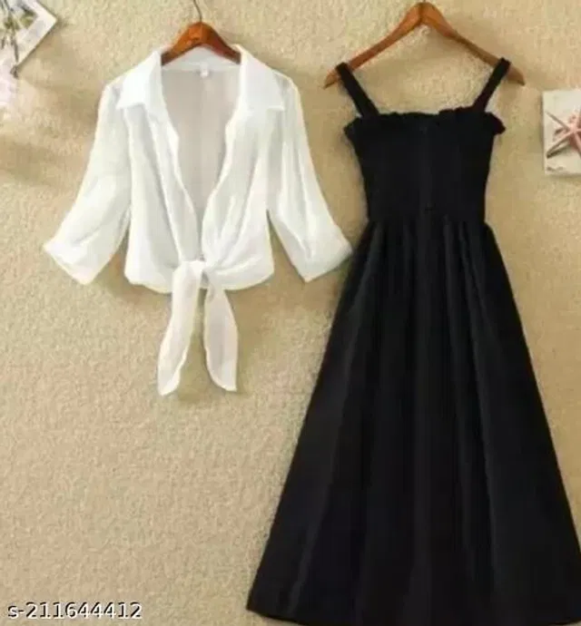 Poly Crepe Dress for Women (Black & White, L)