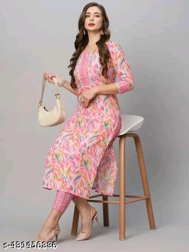 Cotton Printed Kurti with Pant for Women (Pink, XXL)