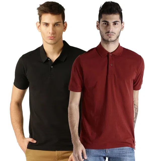 Polo Neck Solid Pack of 2 T-shirts for Men (Multicolor, S)