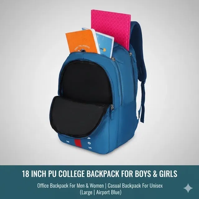 Priority 18 Inch PU College Backpack For Boys & Girls | Office Backpack For Men & Women | Casual Backpack For Unisex (Large | Airport Blue) - INV22135