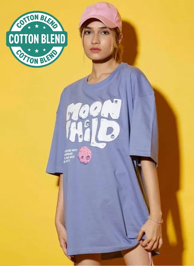 Round Neck Printed T-Shirt for Women (Lavender, M)