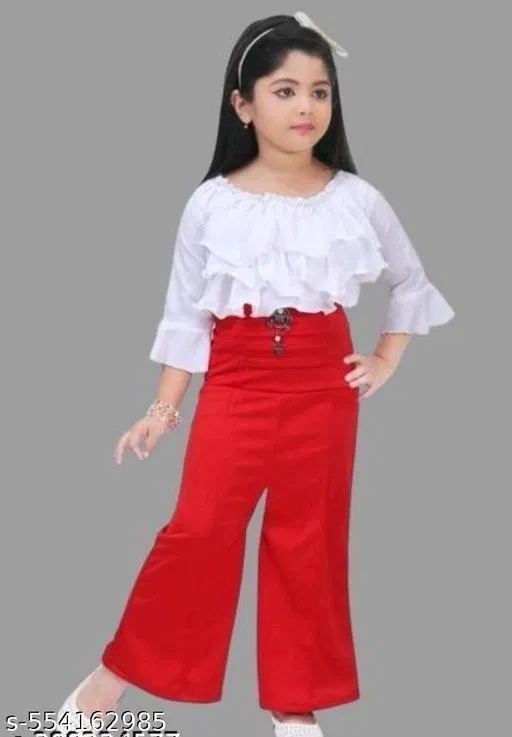 White Cotton Three-Quarter Sleeve Round Neck Top & Cotton Pant Set Clothing Set for Girls (Red, 6-7 Years)