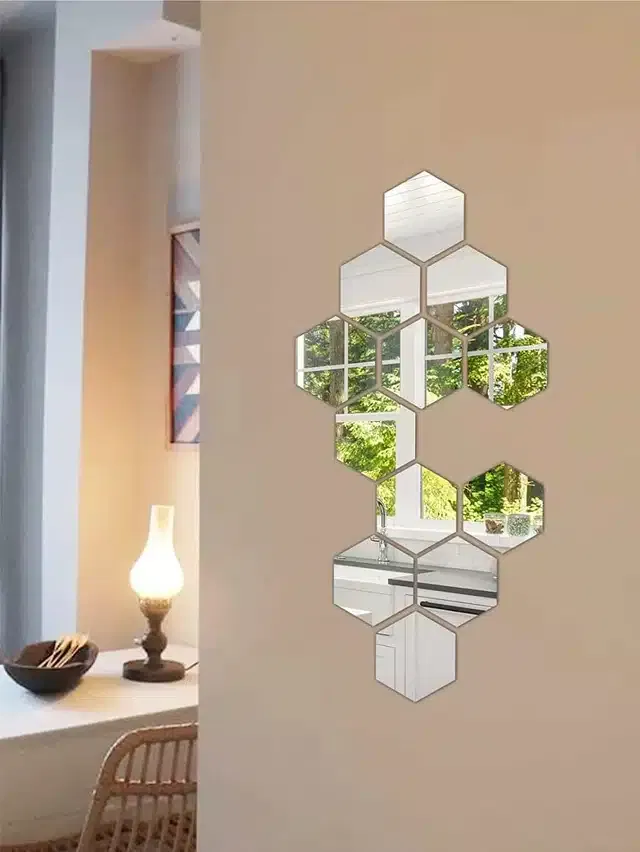 Acrylic Hexagon Shaped Wall Mirror Stickers (Silver, Pack of 12)