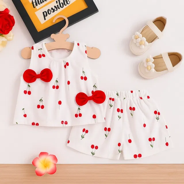 Cotton Printed Clothings Set for Girls (Red & White, 2-3 Years)