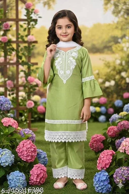 Rayon Kurta Set for Girls (Green, 5-6 Years)