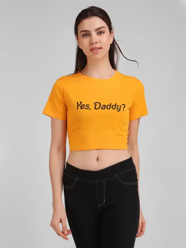 Printed Crop T-shirt for Women (Mustard, L)