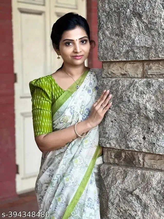 Cotton Linen Printed Saree for Women (Multicolor, 6.3 m)