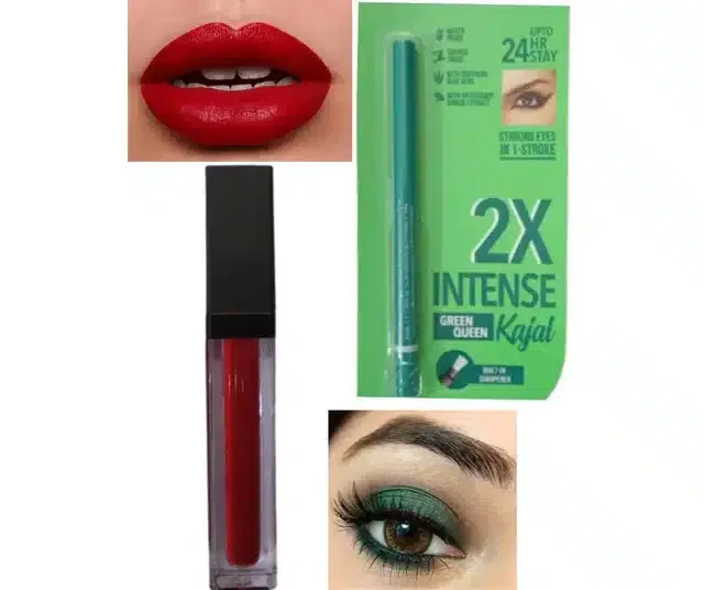 Matte Lip Color with Waterproof Kajal  (Red & Black, Set of 2)