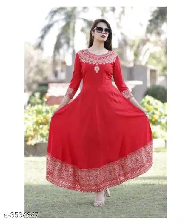 Rayon Printed Kurti for Women (Red, L)