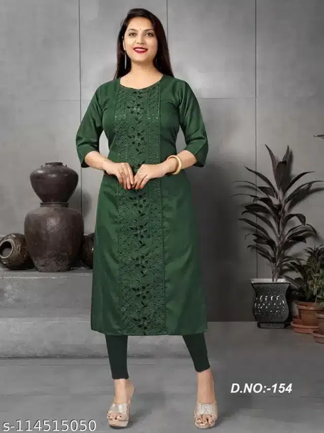 Cotton Blend Embroidered Kurti for Women (Dark Green, XL)