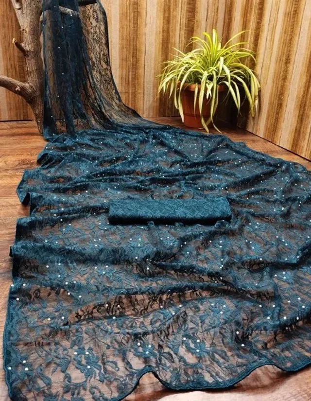 Net Solid Saree for Women (Teal, 6.3 m)