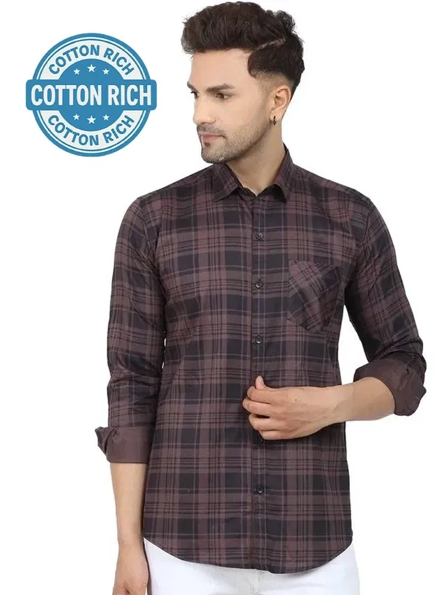Cotton Blend Chequered Shirt for Men (Brown, M)