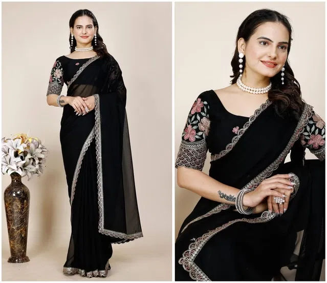 Chiffon Woven Design Saree for Women (Black, 6.3 m)