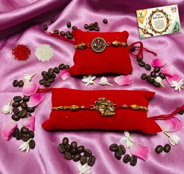 Radha Krishna Ganes Ji Metal Rakhi (Multicolor, Pack of 2)