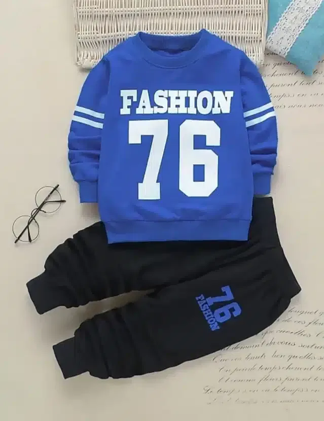 Full Sleeves Printed Top & Bottom Set for Kids (Blue & Black, 18-24 Months)