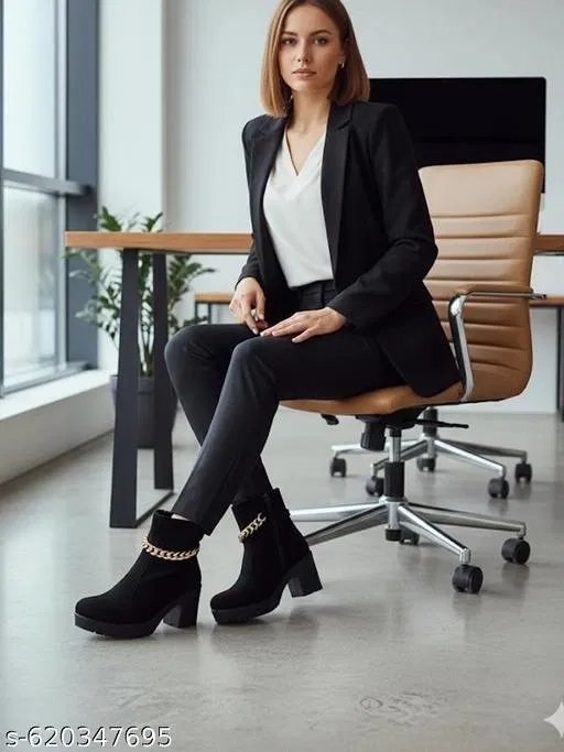 Solid Suede Heeled Boots for Women Black (8)