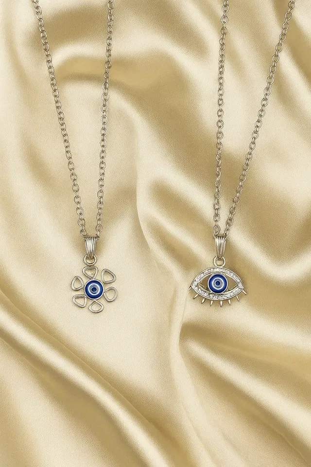 Women's Silver Evil Eye Pendant Necklace Set (Elegant Curve & Eye Design) - Pack of 2