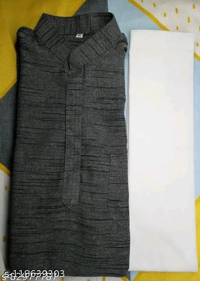 Khadi Cotton Solid Kurta with Pyjama for Men (Grey & White, XL)