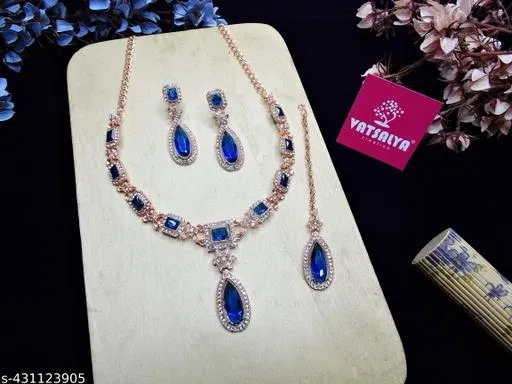 Elegant Partywear Rose Gold Plated Necklace Set for Women (Navy Blue, Free Size)