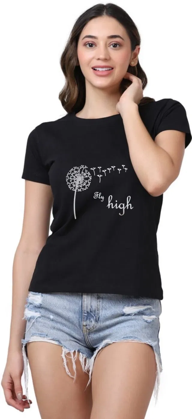 Round Neck Printed T-Shirt for Women (Black, L)