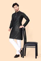 Cotton Blend Embroidered Kurta for Men (Black, S)