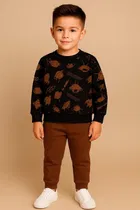 Cotton Printed Clothing Set for Boys, Black & Brown 