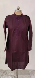 Cotton Solid Kurta Set for Men, White & Purple 