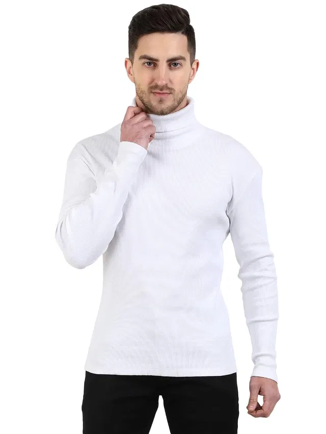 Cotton Blend Solid Hi-Neck Sweater for Men, White (M)