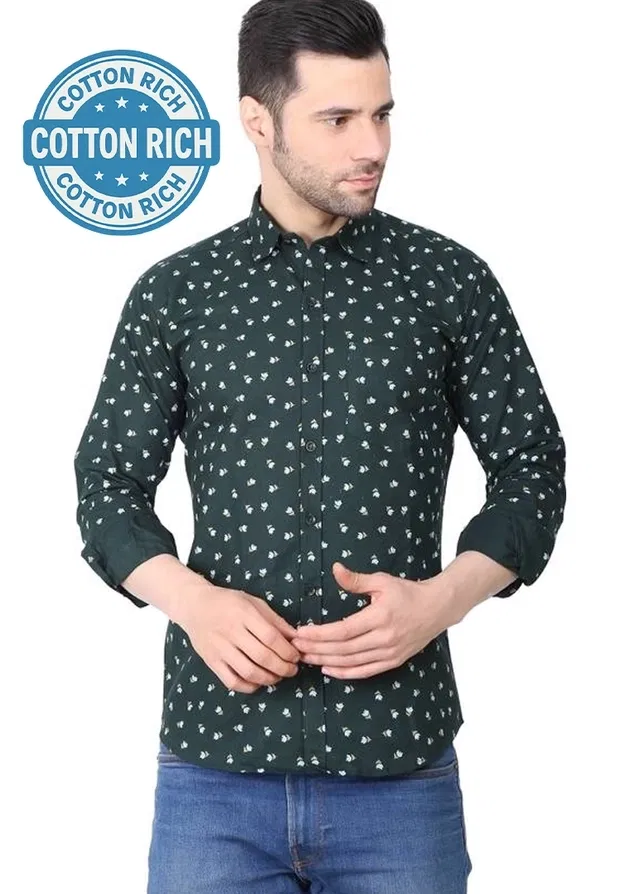 Cotton Blend Printed Shirt for Men (Green, XXL)