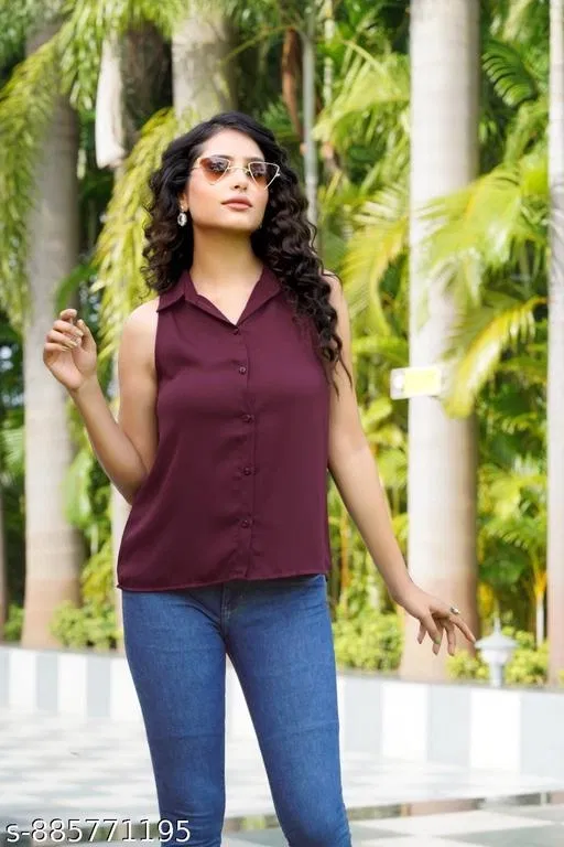 Sleeveless Cotton Shirt for Women (Wine, M)