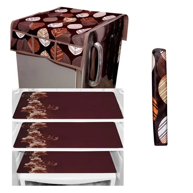 PVC Printed Fridge Top Cover with 3 Pcs Shelf Mats & Handle Cover (Multicolor, Set of 1)