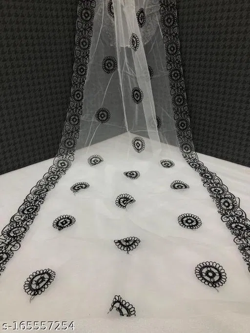 Ethnic Motif Beads & Stones Embroidered Net Dupatta for Women (Black, Free Size)
