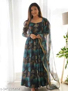 Georgette Printed Gown with Dupatta for Women (Navy Blue, M)