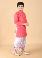 Cotton Blend Embellished Kurta with Dhoti for Boys, Pink & White 
