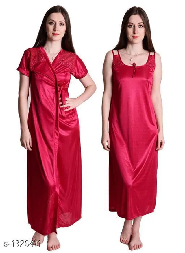 Satin Nightdress Set for Women (Maroon, L)