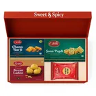 Sethi Sweet & Spicy Celebration Pack (Channa Barfi 200g +Besan Ladoo 200g + Soan Papdi 250g + Navratan Mixture 200g)
