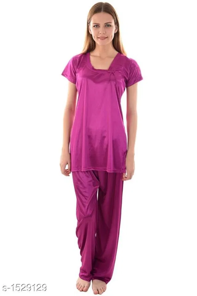 Satin Nightsuit Set for Women (Purple, L)