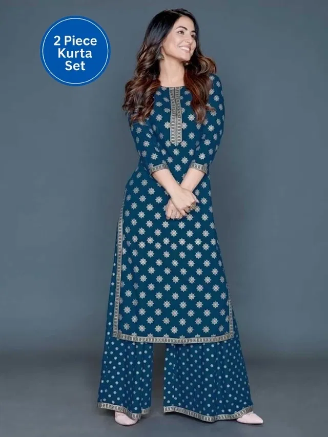 Rayon Printed Nayra Cut Women's Kurta with Pant Set (Blue, XL)